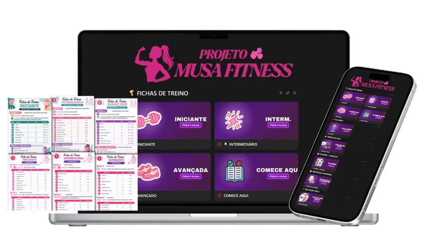 App do Projeto Musa Fitness no notebook e no celular, com as fichas de treino por nível